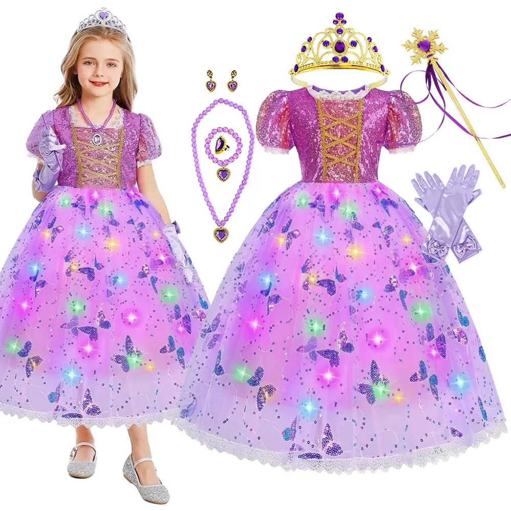 Girl Exquisite Purple Princess Dress Butterfly Glitter Pattern Birthday Party Ball Gown Kid Fairy Rapunzel Cosplay Fancy Costume
