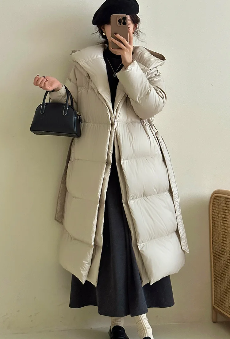 Long Down Coats for Women, Thick Warm Hooded Jacket, Fake Two-Piece, Slim Tie Belt, Winter Fashion, 90% Duck Down