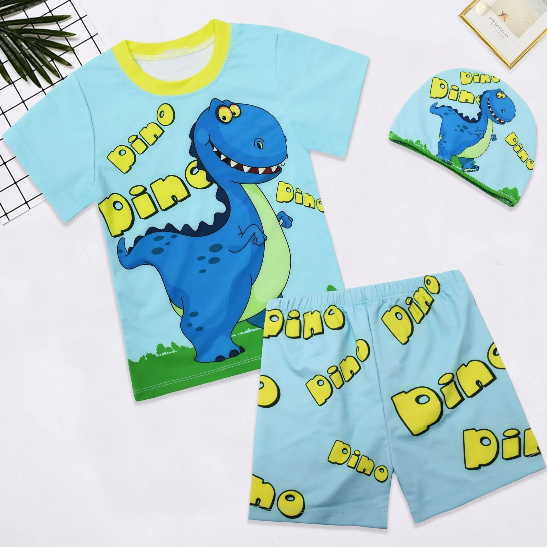 Cute Dinosaur 3D Kids Swimwear Short Sleeve Three Piece Set Tails Cartoon Dinosaur Boys Separable Swimming Suits Children's