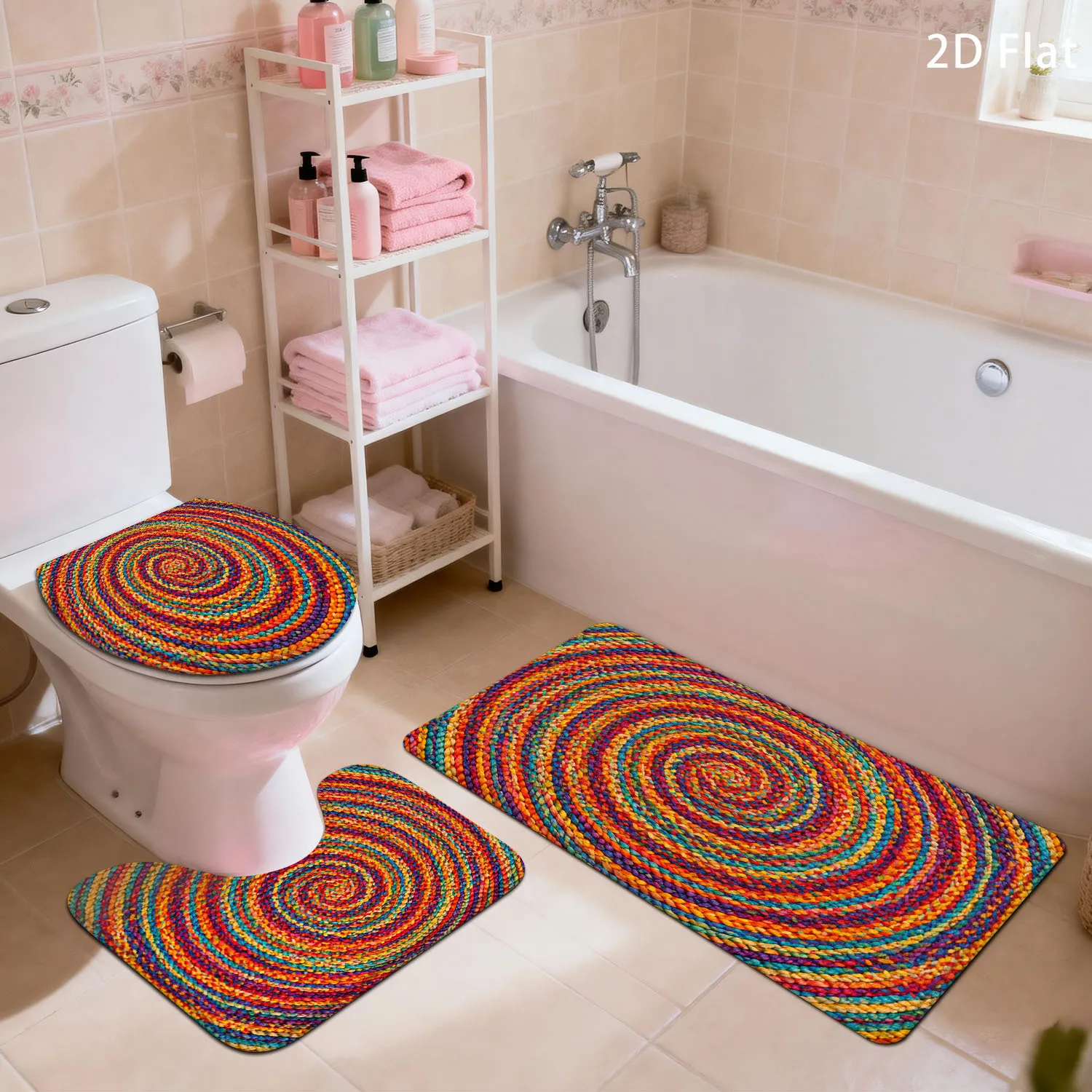 Farbenfrohe Geometrische Spiral-Badematte Set Badezimmerteppich Wohndekor-Accessoires für Luxuriöse Moderne Spa-Waschtischmatte