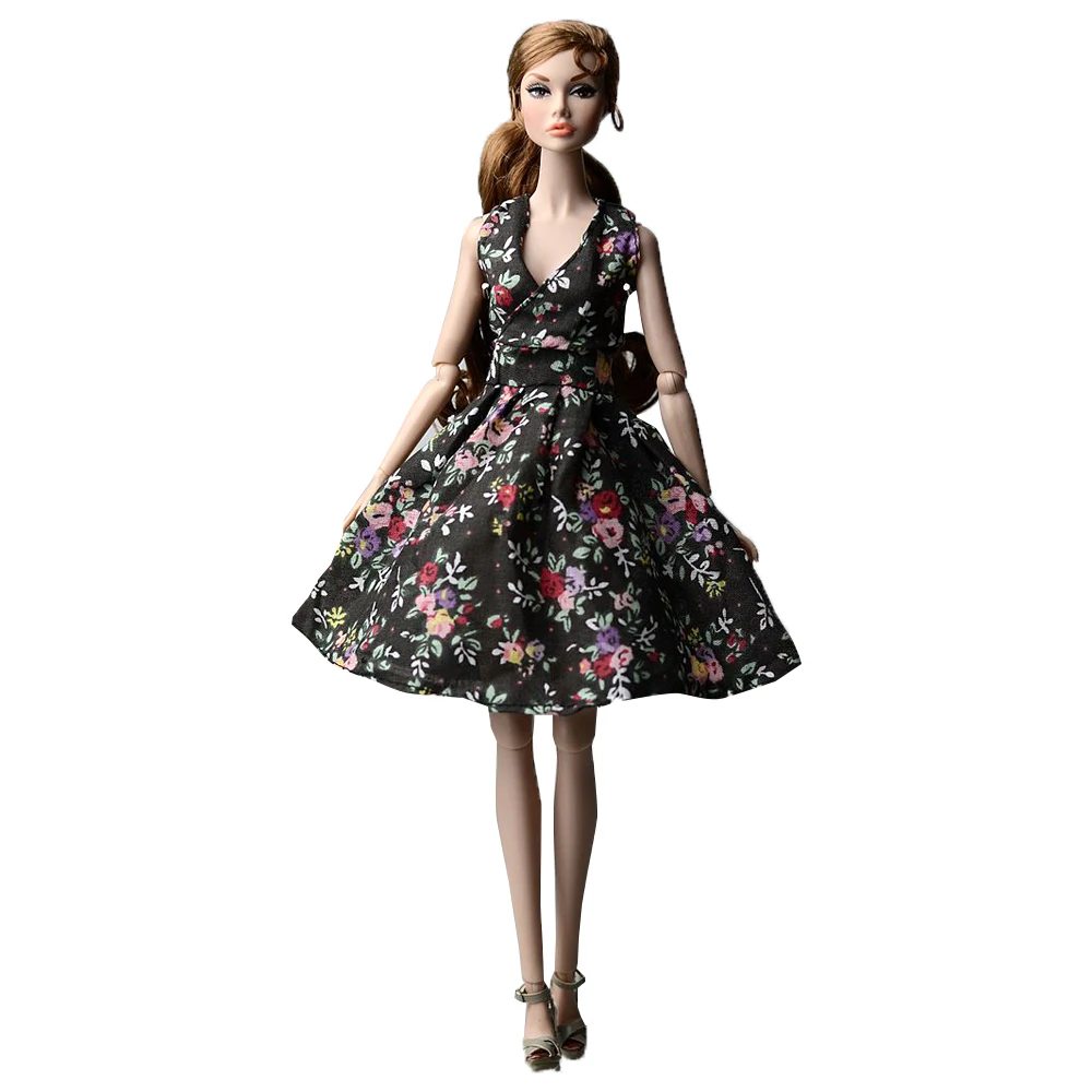 NK Official 1 Pcs Fashion Sleeveless Clothes for Barbie Doll  Black Dress Floral Mini Skirt Evening Party Dollhouse Accessories