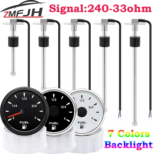Medidor de nivel de combustible de 52MM con retroiluminación de 7 colores, Sensor de nivel de combustible de acero inoxidable de 240-33 ohm, 100-500mm, apto para barco marino, coche y camión, 12V y 24V