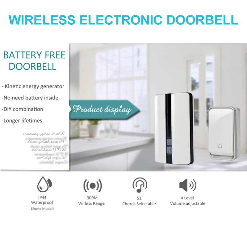 Wireless Doorbell Self Powered Door Bell No Battery Required Easy Installation 51 Ring Tones Volume Adjustable