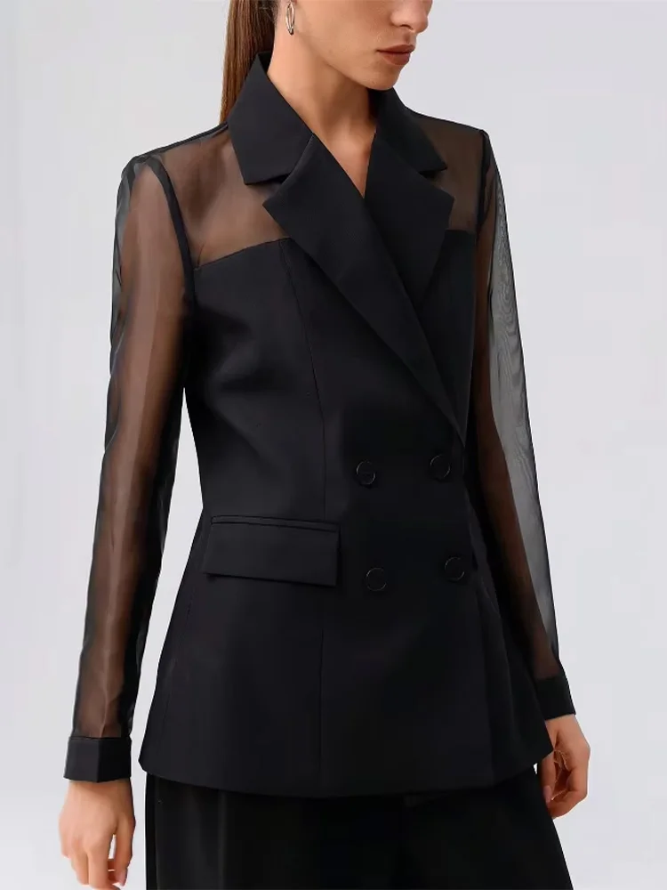 

Women High Street Blazer Translucent Cuff Splicing Slim Blazer Spring Autumn Women Office Double Breasted Lapel Suit Coats