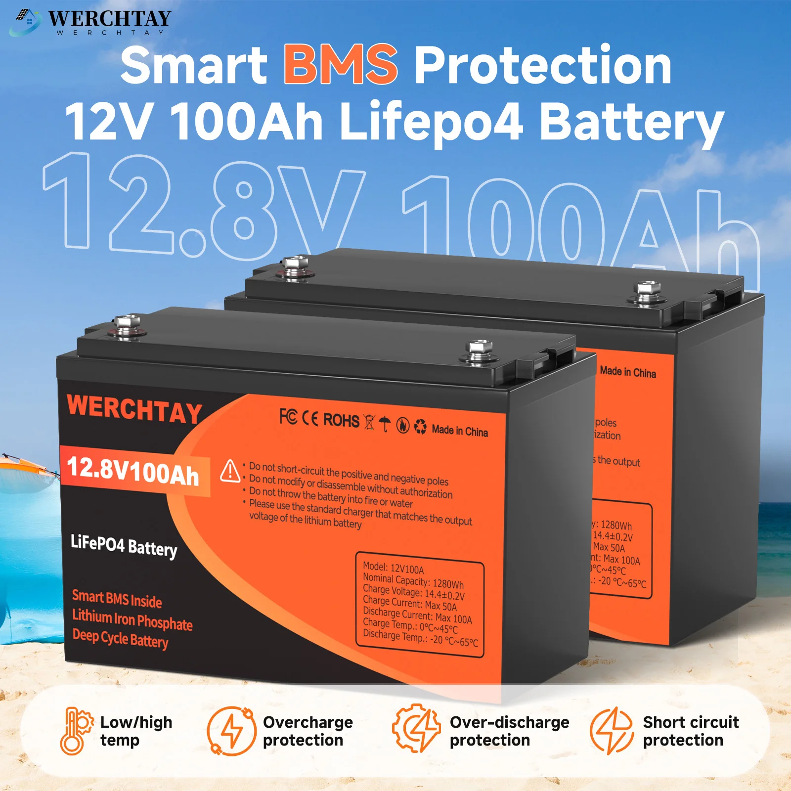 

WERCHTAY 2 шт. LiFePO4 12 В 100 Ач аккумулятор с литиевой батареей BMS 25000 циклов для дома на колесах солнечная система лодка бытовой