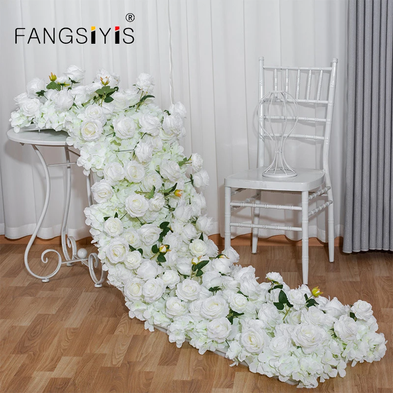 

White Rose Hydrangea Large Flower Row Artificial Green Plants Flower Row Runner Wedding Backdrop Decor Floral Wall Party Props