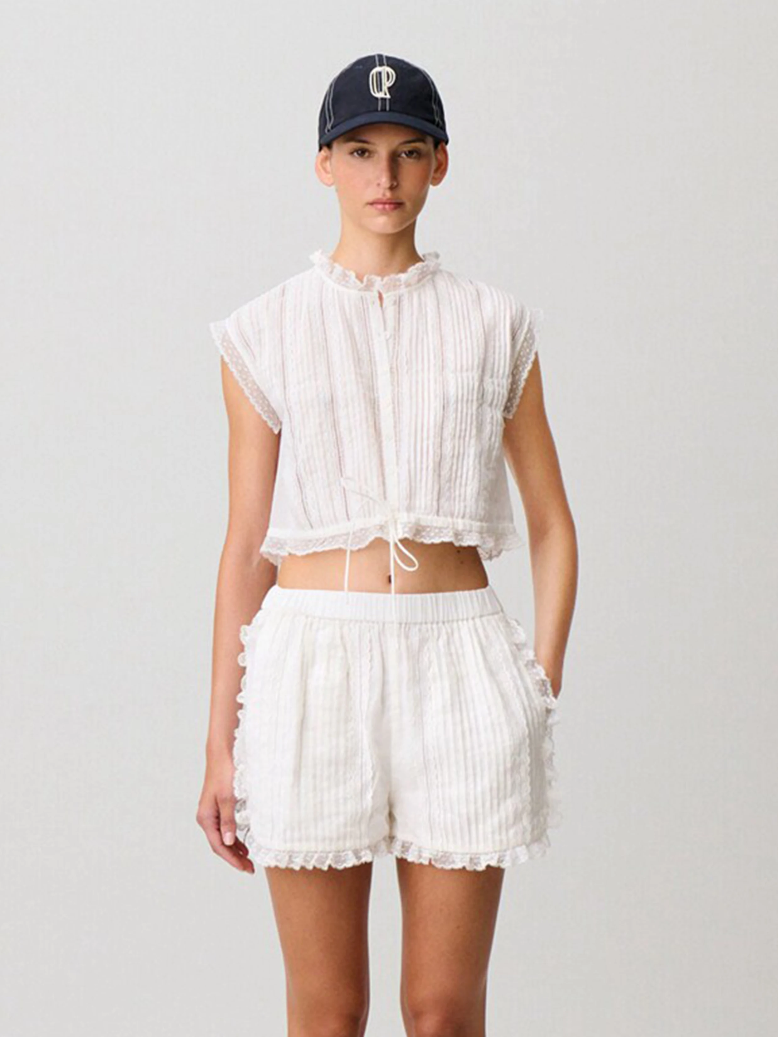 

French Style Cotton Linen Shirt with Lace Trim And Pleat Detail Girls Summer New Arrival Button down Short Sleeve Top