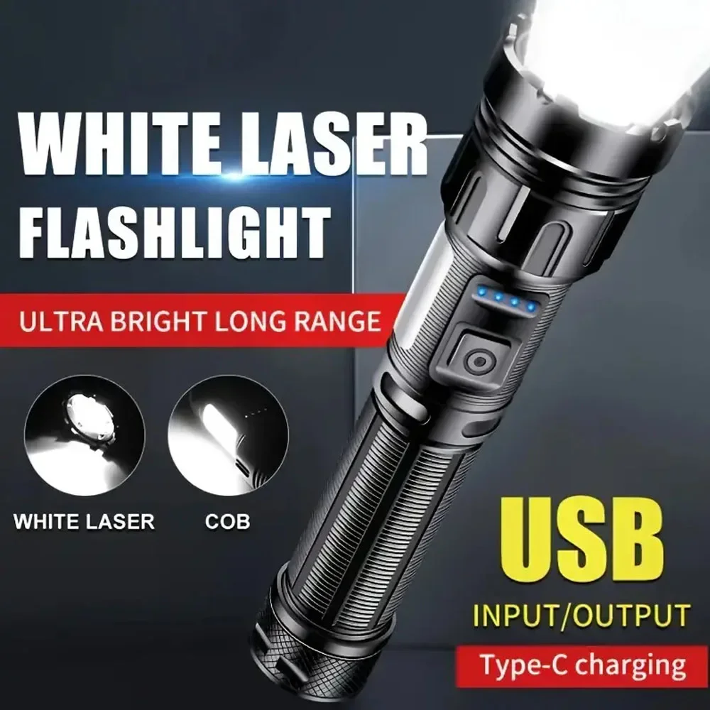Ultra Bright Flashlight White Laser Beads Zoom Telephoto Design with  Side Light  Portable Hand Lamp for Camping Auto Repair