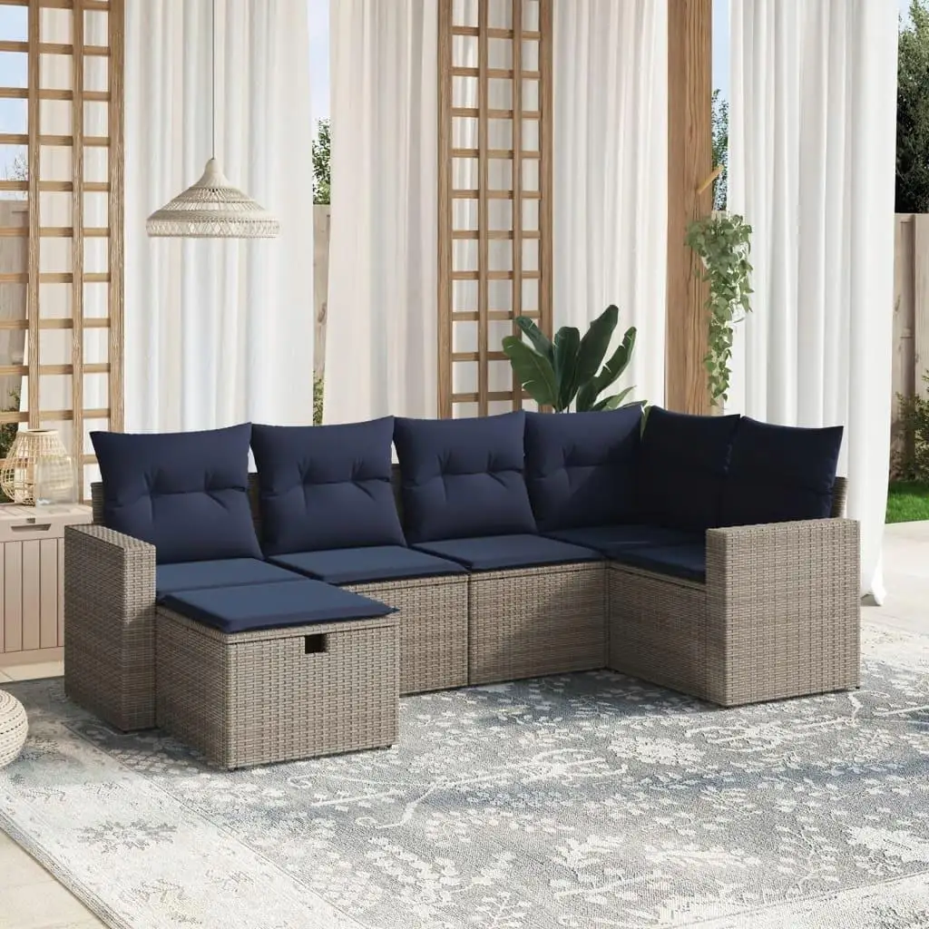 

6 Piece Gray Poly Rattan Patio Sofa Set with Soft Cushions Outdoor Furniture Garden Seating
