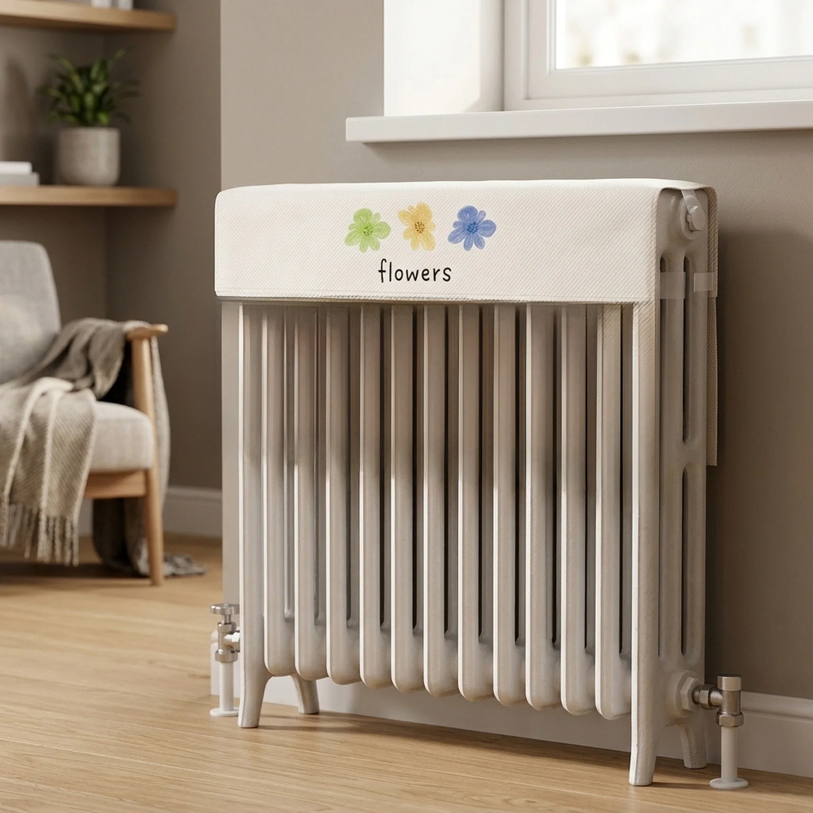 Home heating dust cover crafted from linen to protect heater surfaces from dust and smoke with a simple and elegant design