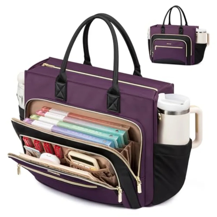 

Teacher Tote Bag for Women, Laptop bag with Large Cup Holder, Work bag with Accordion File Organizer Pocket, Multi-Pockets Prof