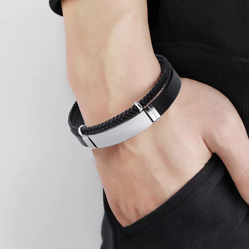 Homme Stainless Steel Bracelet Double Layer Twist Braid Leather Rope Bracelets For Men Hiphop Rock Fashion Jewelry Accessories