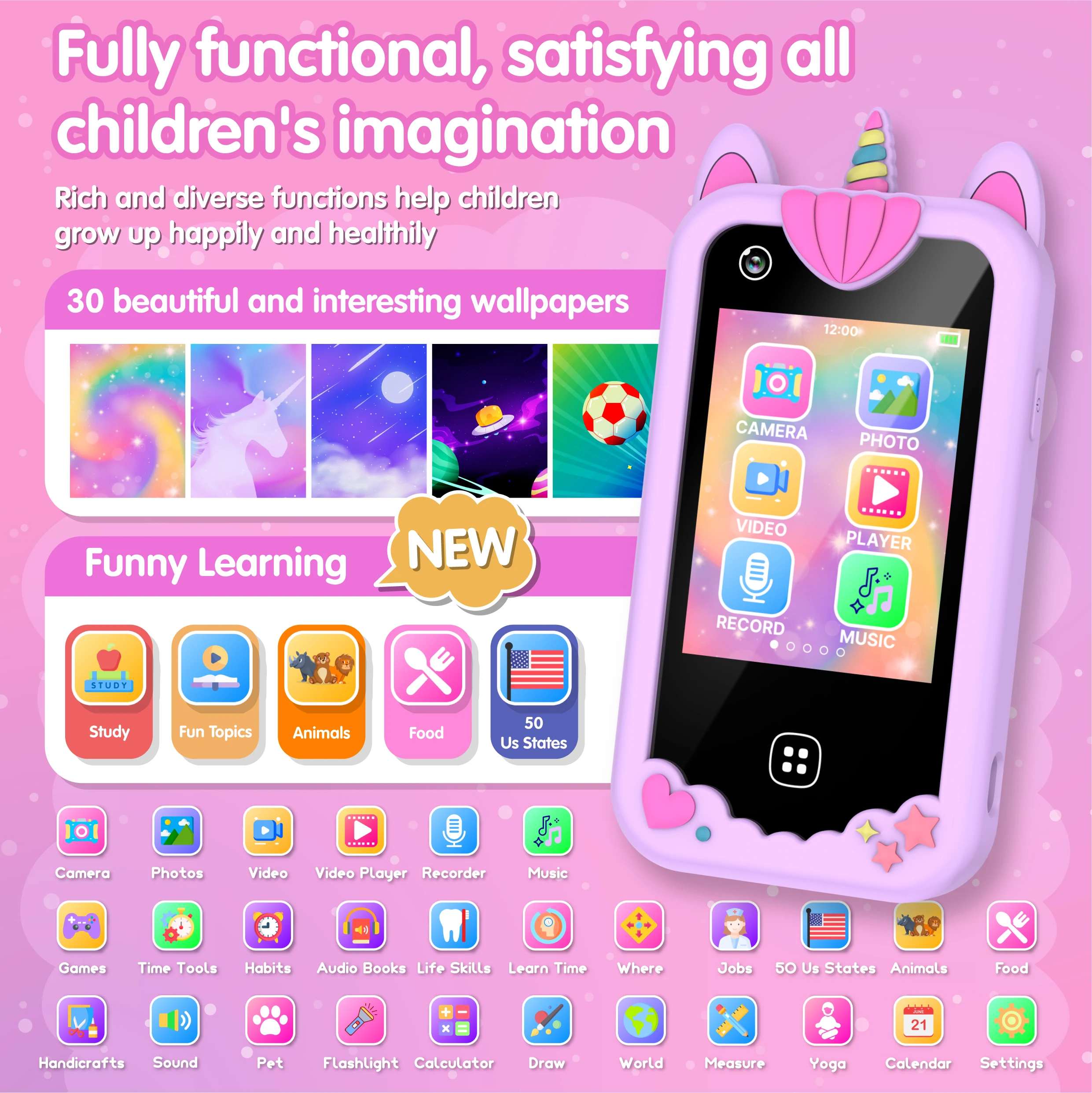 Mini teléfono inteligente para niños, reproductor de música con cámara Dual IPS de 2,8 pulgadas, 17 juegos, teléfono de aprendizaje para niños pequeños, juguetes para teléfono móvil, regalos de cumpleaños