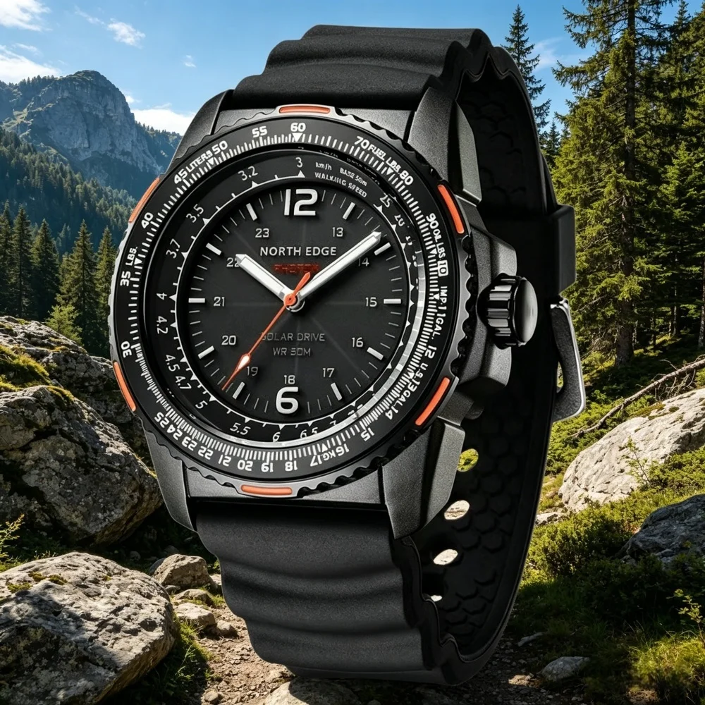 NORTH EDGE Outdoor Sports Electronic Watch, Pointer Solar Rechargeable, Luminous Waterproof, Long Life Men's Watch