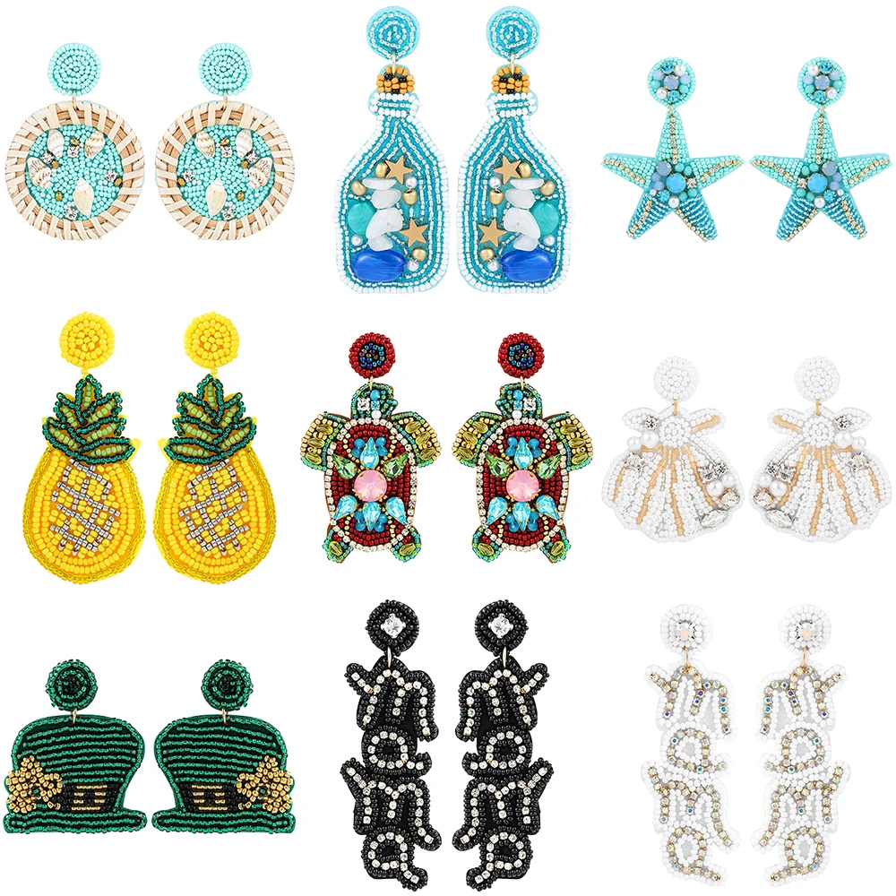 Women's Handmade Beaded Ear Jewelry Fashion Rhinestone Sea Turtle Shell Starfish Earrings Female Summer Beach Jewelry Gift