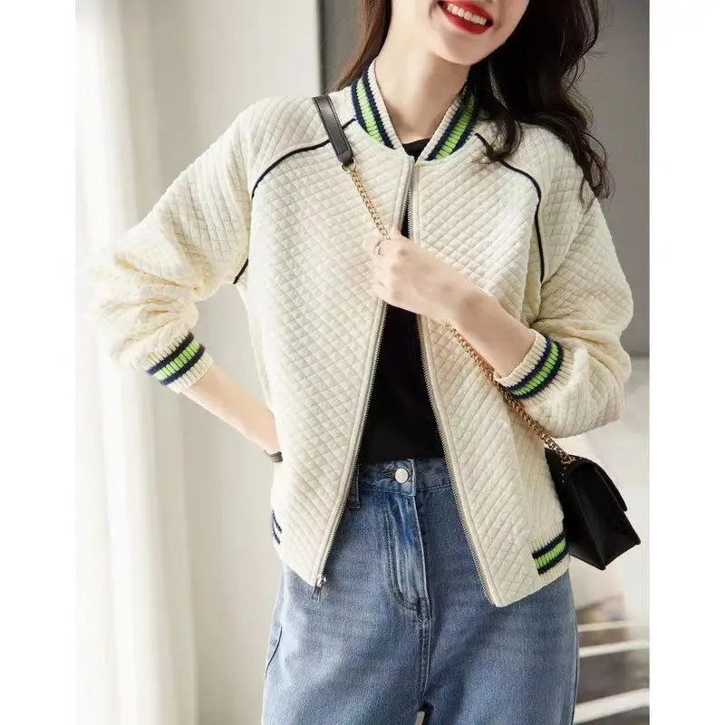 

Baseball Jacket for Women in Spring and Autumn 2024 New Collection with Fleece and Waffle Style Sports Jacket Short Casual Top