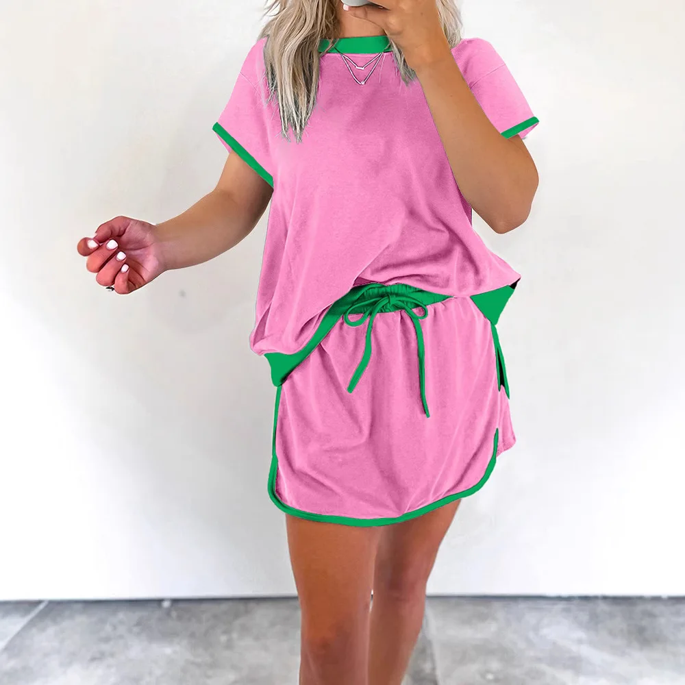 2025 Zomer Nieuwe Losse Casual Pakken voor Vrouwen Mode Kleuraanpassing Korte mouwen Korte Rok Tweedelige Pakken voor Vrouwen
