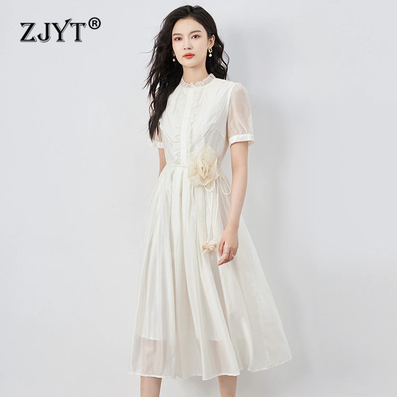 

ZJYT Ladies Elegant Summer White Dress Women 2024 Designer Fashion Short Sleeve Ruffled Collar Casual Midi Aline Dresses Vestido