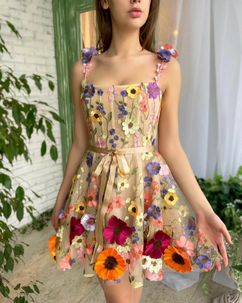 Flowers A-line Mini Graduation Dresses Spaghetti Straps Square Collar Backless Zipper Sparkly Princess Dress Girl's Prom Gowns