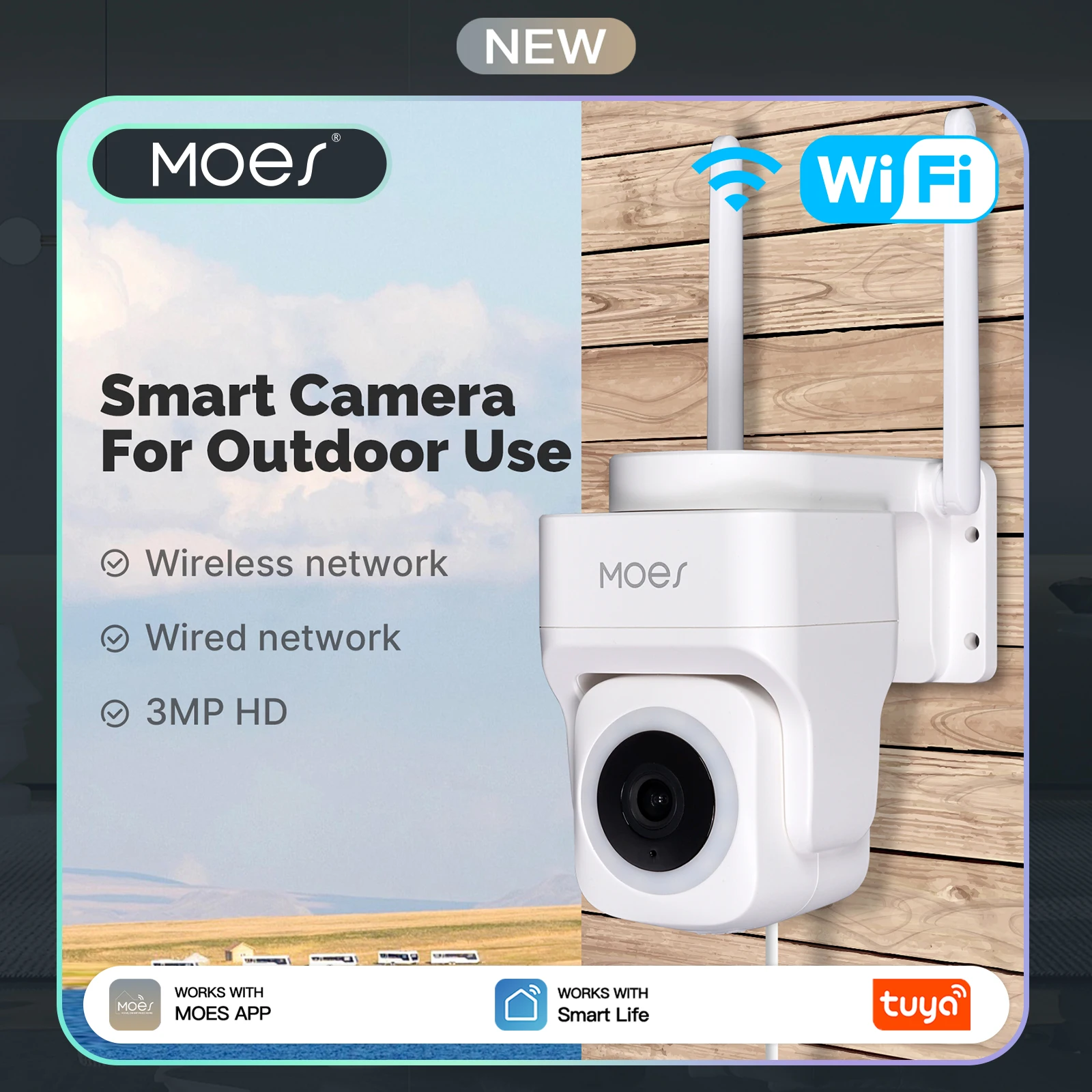 MOES 3MP Smart Security Camera with Tuya WiFi, Wireless/Wired RJ45, IP65 Waterproof, Motion Tracking & Full Color Night Vision