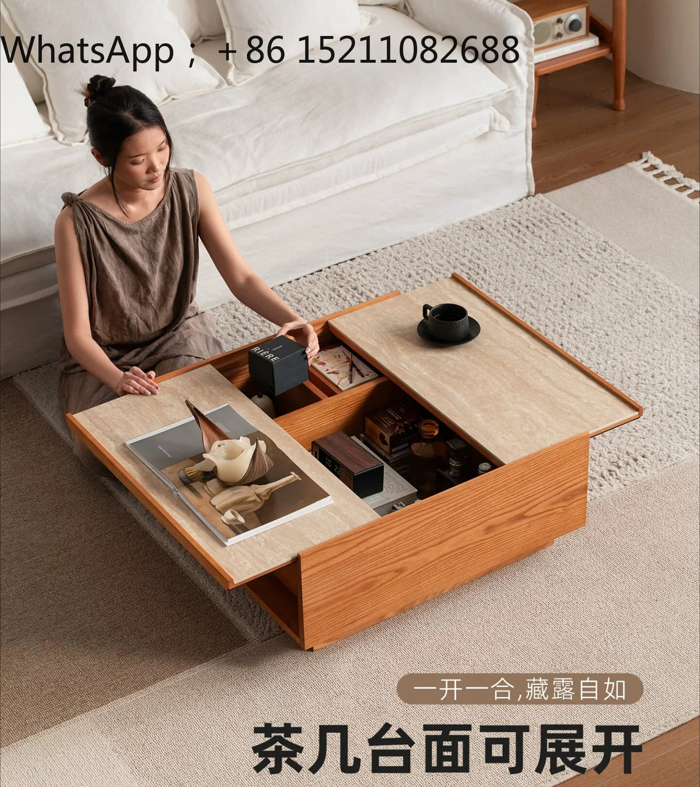 LLY solid wood rock slab double pumping storage square coffee table living room antique household tea table tea table