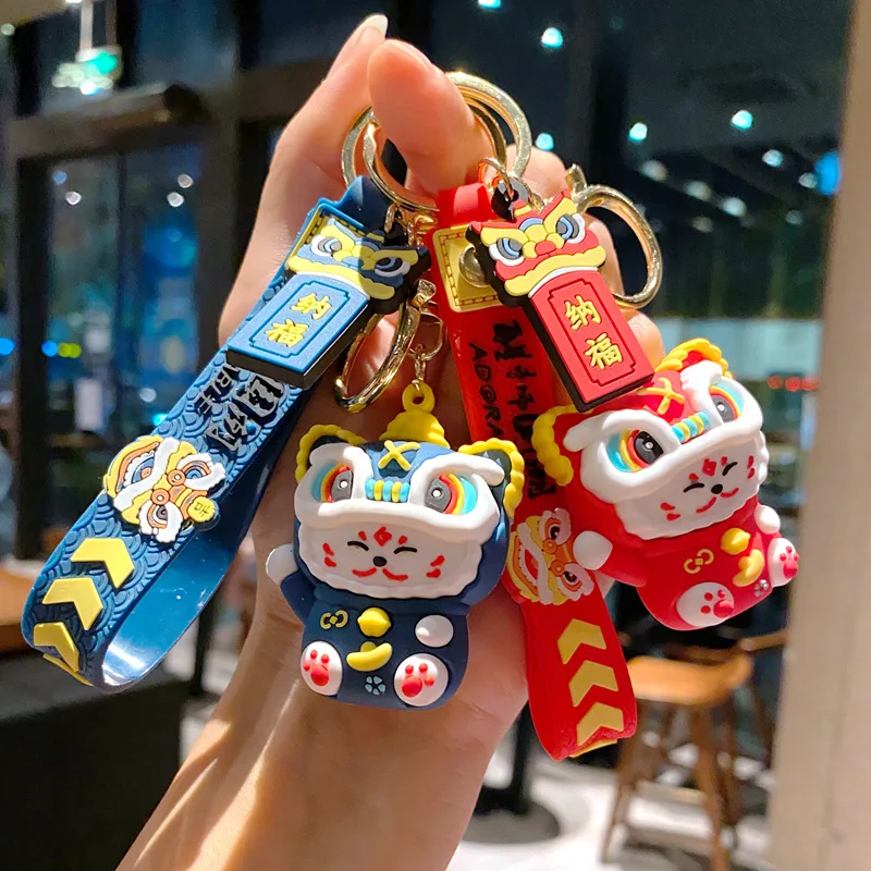 New Chinese Style Color Retro Awake Lion Creative Red Blue Resin Keychain For Women Sweet Cool Aesthetic Exquisite Accessories