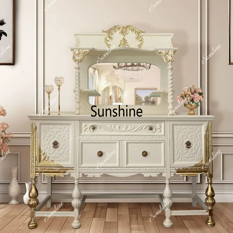 French retro solid wood carving flower entrance cabinet living room wall with mirror decoration