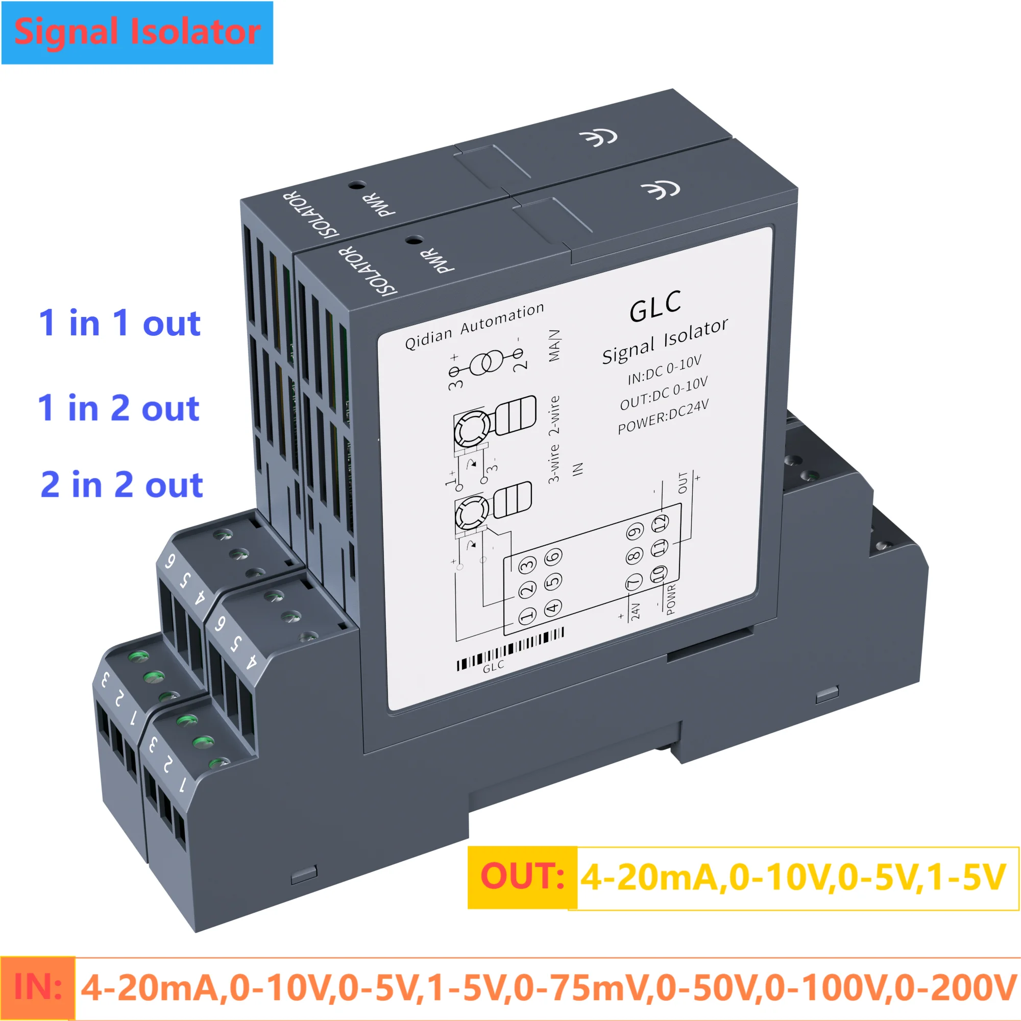 Analog DC Signal Isolator 0-5V 1 in 1 out 1 in 2 out 2 in 2 out Voltage Signal Converter Signal Transmitter 4-20mA