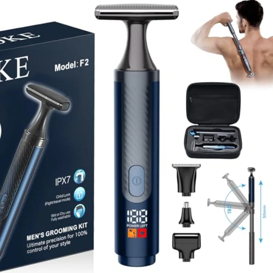 

Back Shaver for Men Ultra-Wide 2" T-Shaped Head Travel Case LED 4 in 1 Mens Back Shaver Rechargeable with Long Handle Safety Lo