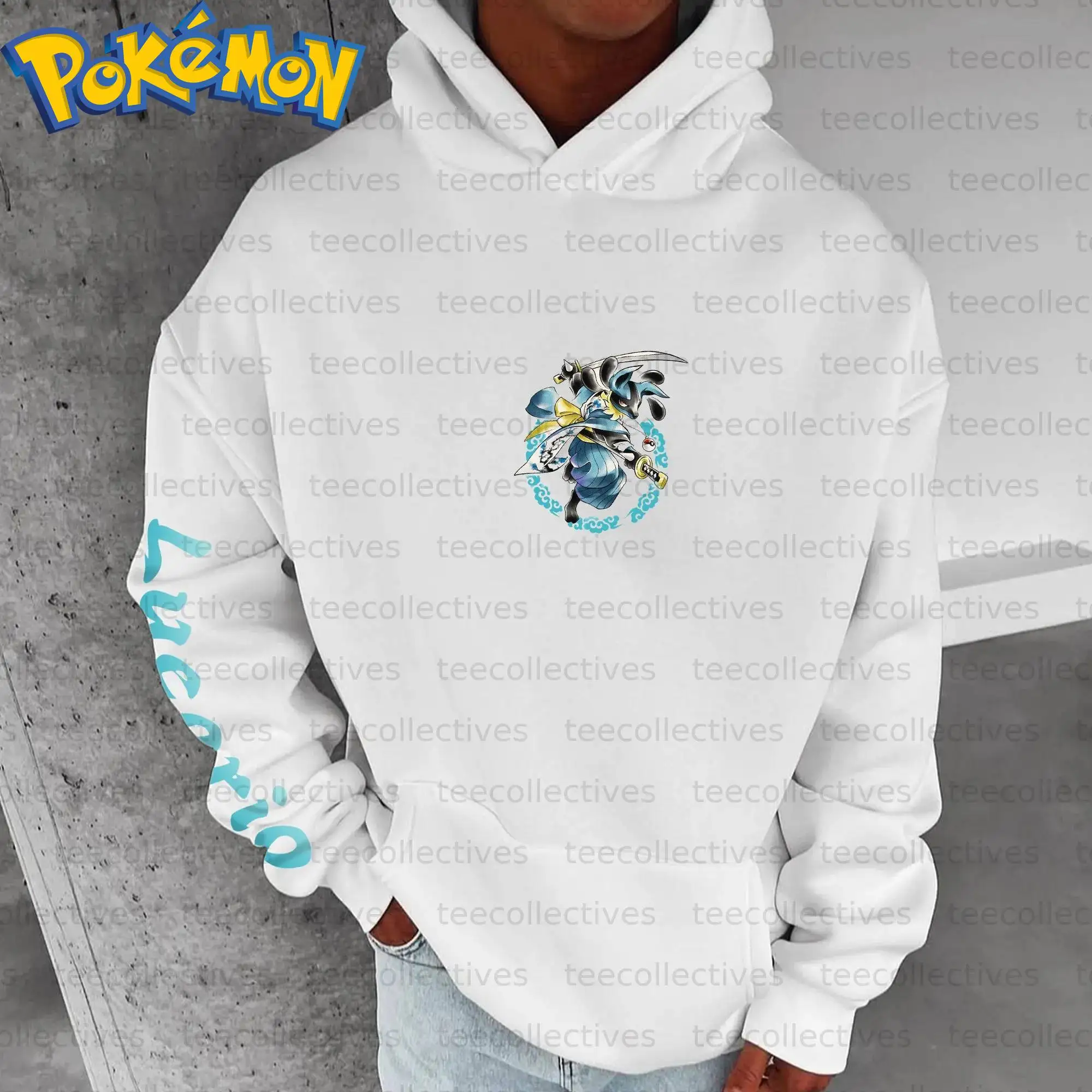 Bluza z kapturem Pokemon Anime Lucario, biała, z nadrukiem postaci i wzorem w pozycji walki z Niebieskim Ogniem, styl casual streetwear