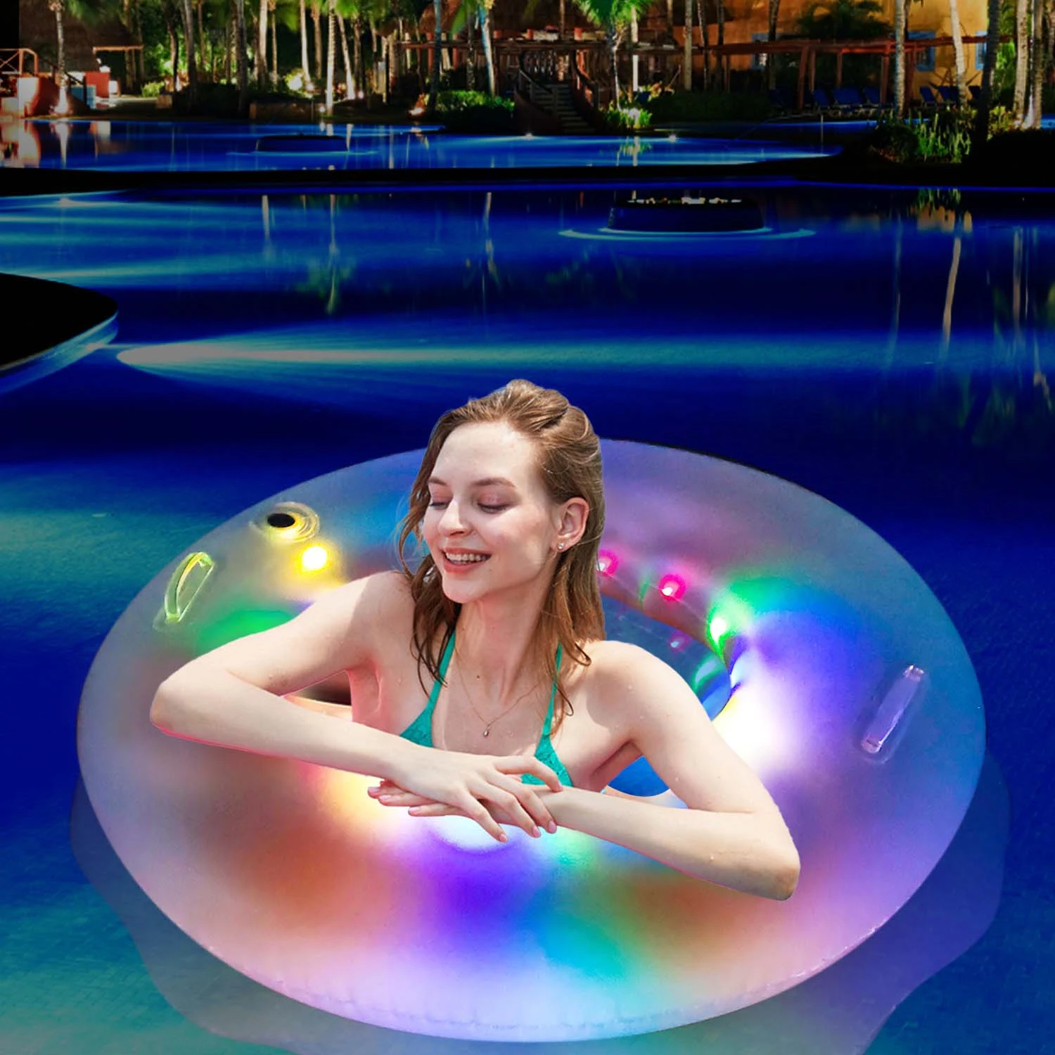 

LED Glow Inflatable Pool Floats 39.4" Clear Swim Rings for Adults Pool Floaties with Handles Swimming Tube Pool Water Toys for