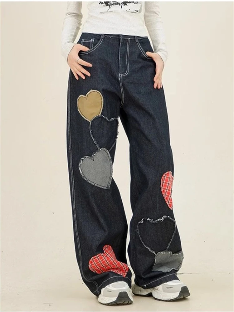 

Women's Color Blocking Heart-shaped Checkered Patchwork Jeans Street Girl Bottoms Wide Legs Pants Female Fashion Denim Trousers