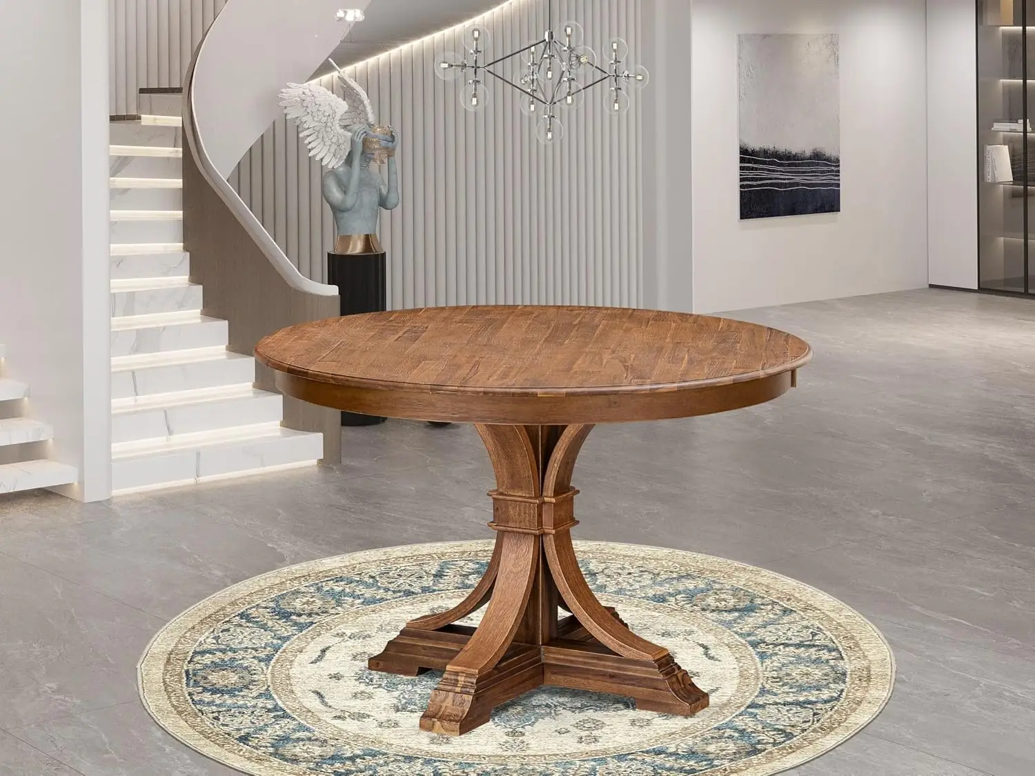 Acacia Wood Round Dining Table with Pedestal Base, Walnut Finish, Customized