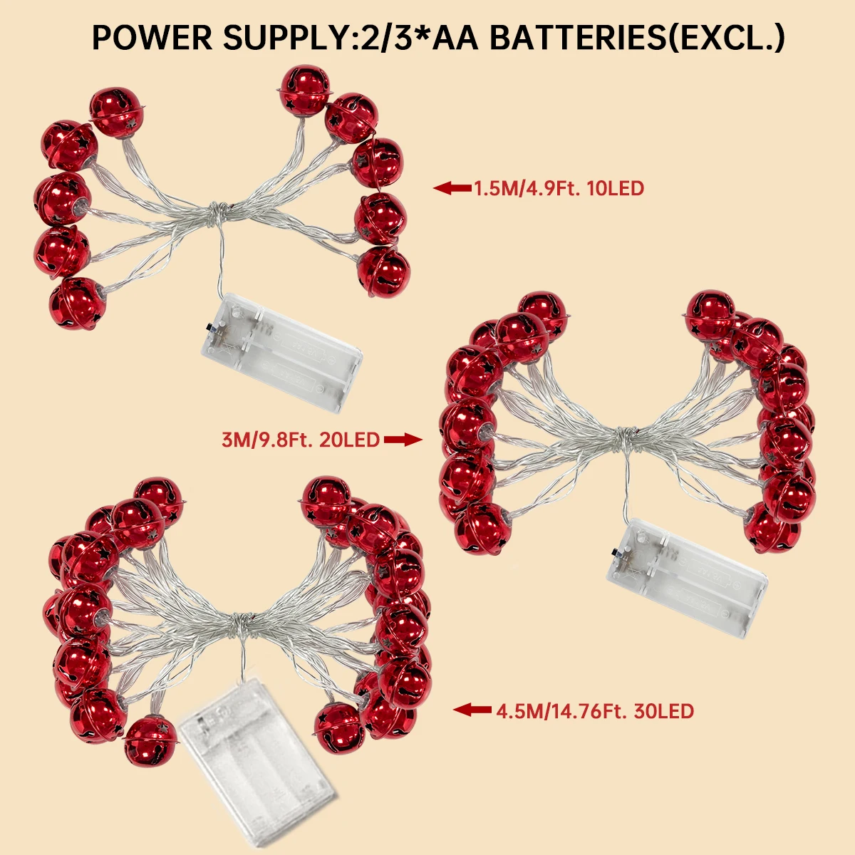 1pc Christmas Red Green Bells String Lights Hanging Garland Decorative Lamp Battery Powered For Home Bedroom Fireplace Decor