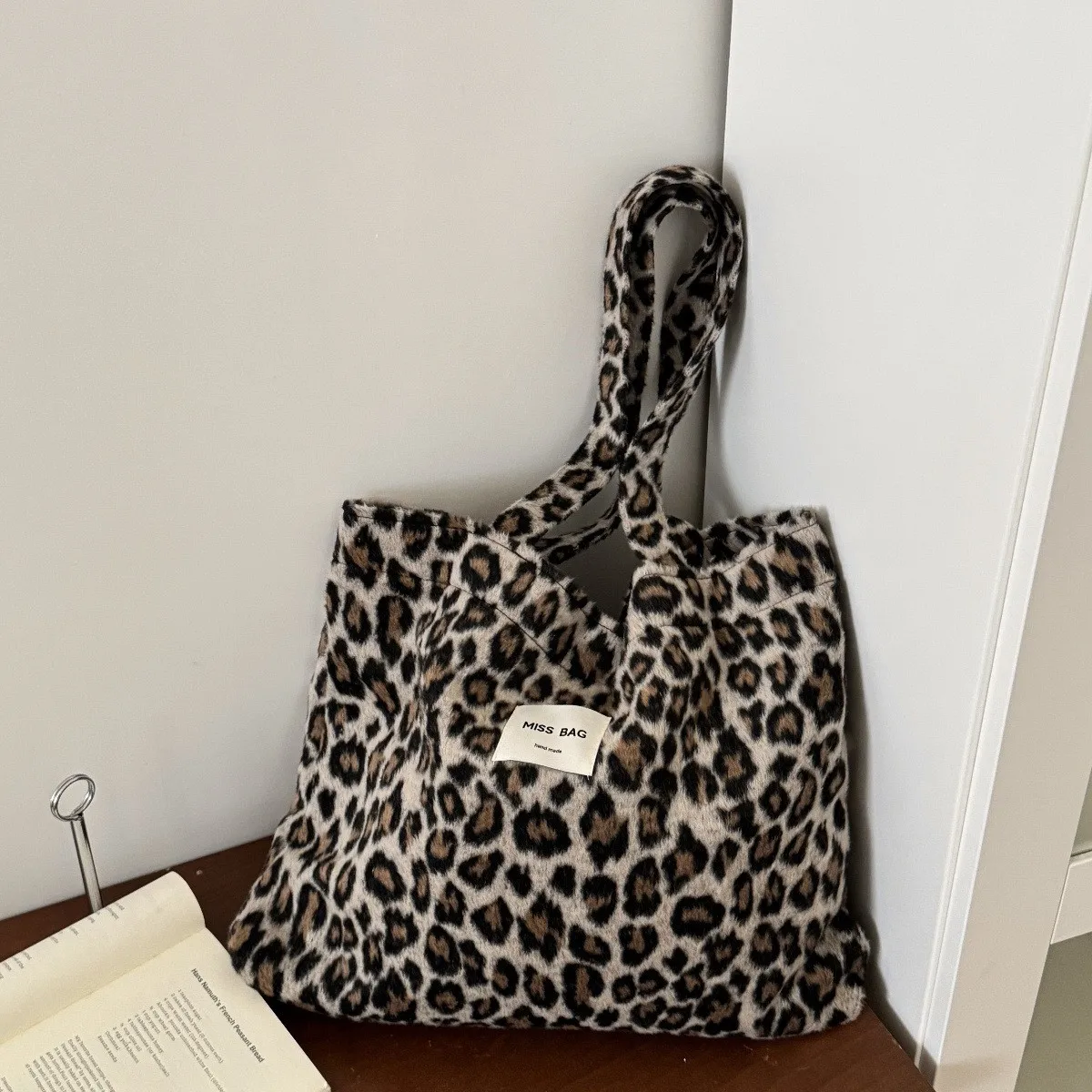 

Leopard Pattern Tweed Tote Bag Vintage Canvas Shoulder Bag Fashion Big Capacity Handbag For School Work Shopping