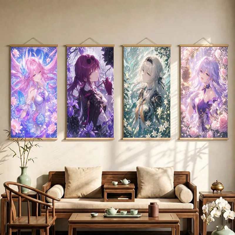 Honkai Star Rail Hanging Scroll with Anime Women in Radiant Pink, Purple and Teal Fantasy Scenes for a Home Gaming Room