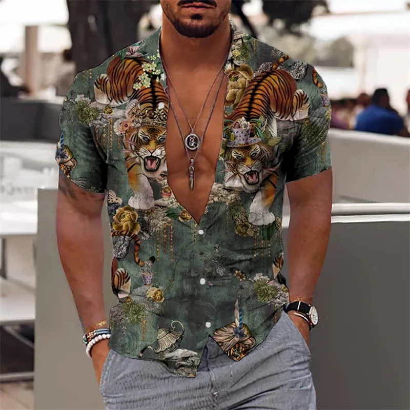 2023 new 3D printed animal graphics shirt Hawaiian shirt men loose and breathable summer casual men's single buckle shirt top