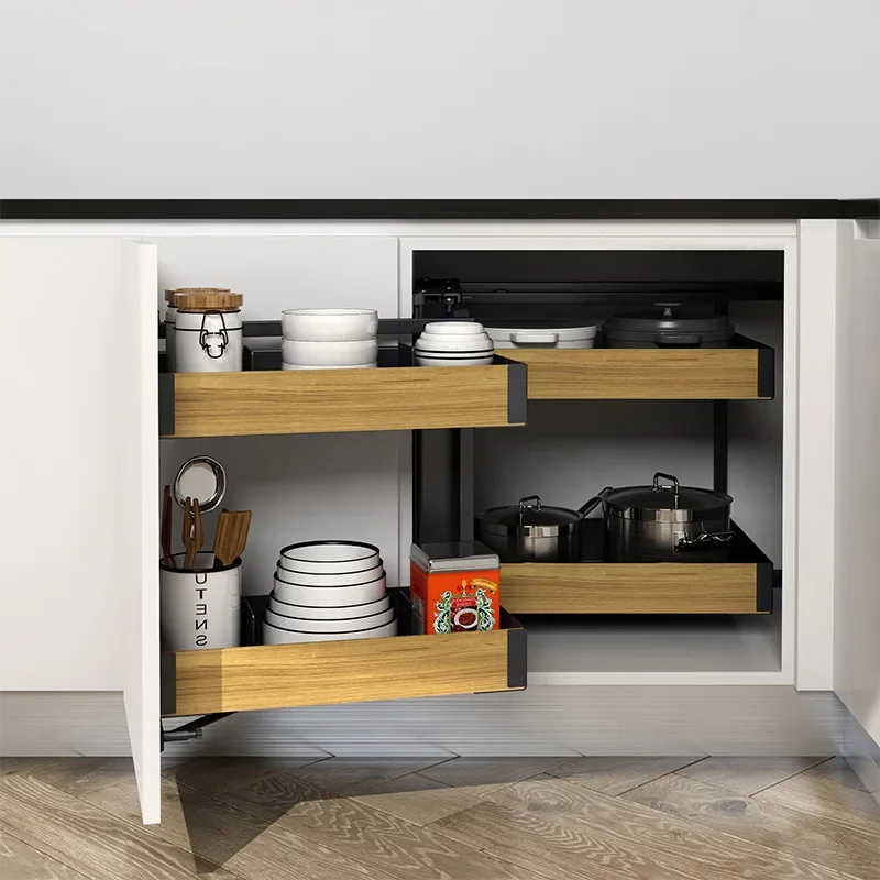 Kitchen basket floor cabinet corner little monster large capacity double-layer seasoning storage silent quiet slide regardless