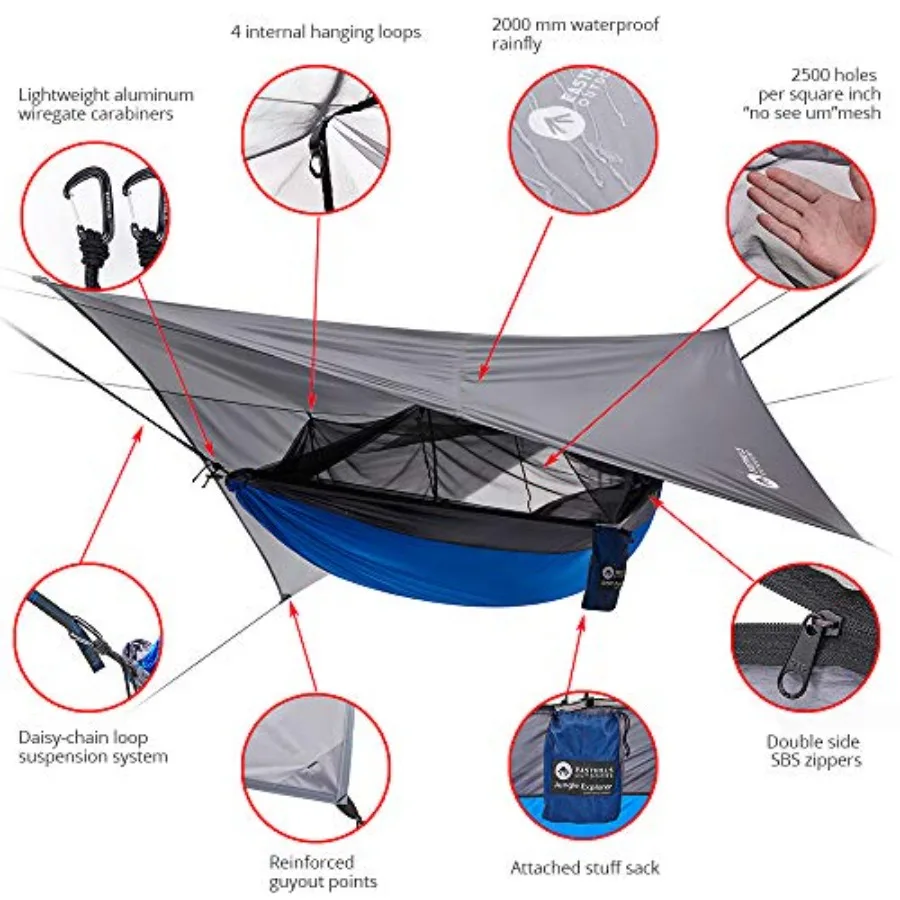 Double Camping Hammock 118 x 79 Lightweight Rip-Stop Parachute Nylon 2 Person Hammock with Removable Bug Net Tree Straps and Ta