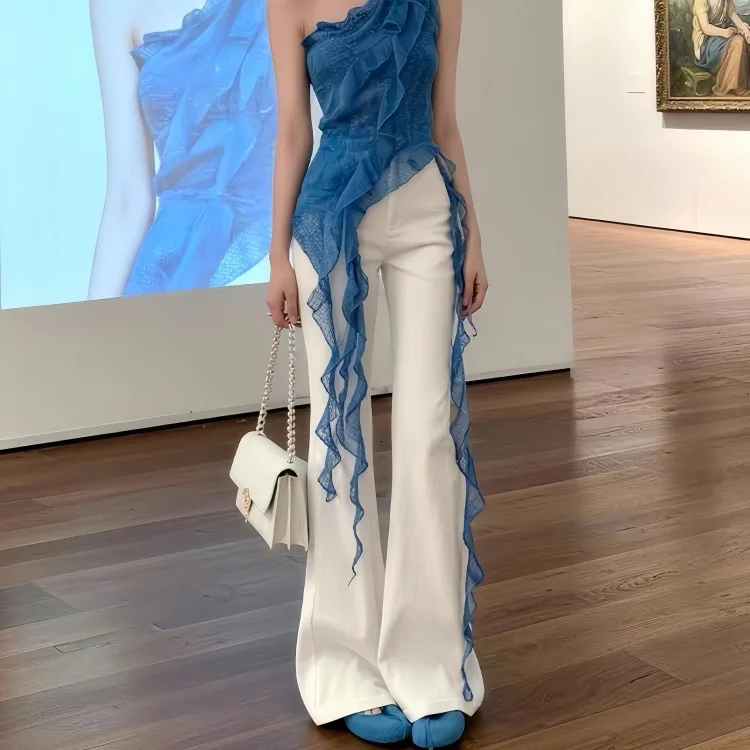 

Summer Fashion Set Women's Design Asymmetrical Strap Top Flared Pants Beautiful Two-Piece Suit Polyester Breathable Regular Fit