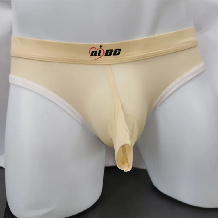 Men Briefs Elephant Nose Open Pouch Underwear Ice Silk Seamless Low Waist Underpants Male Polyamide Breathable Light Thin
