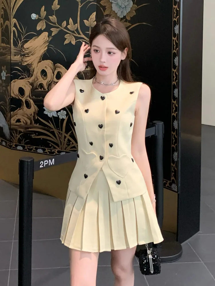 High Quality Korean Elegant Fashion OL 2 Piece Set Women Blazer Vest Top + Pleated Skirt Two Piece Suits Small Fragrance Outfit