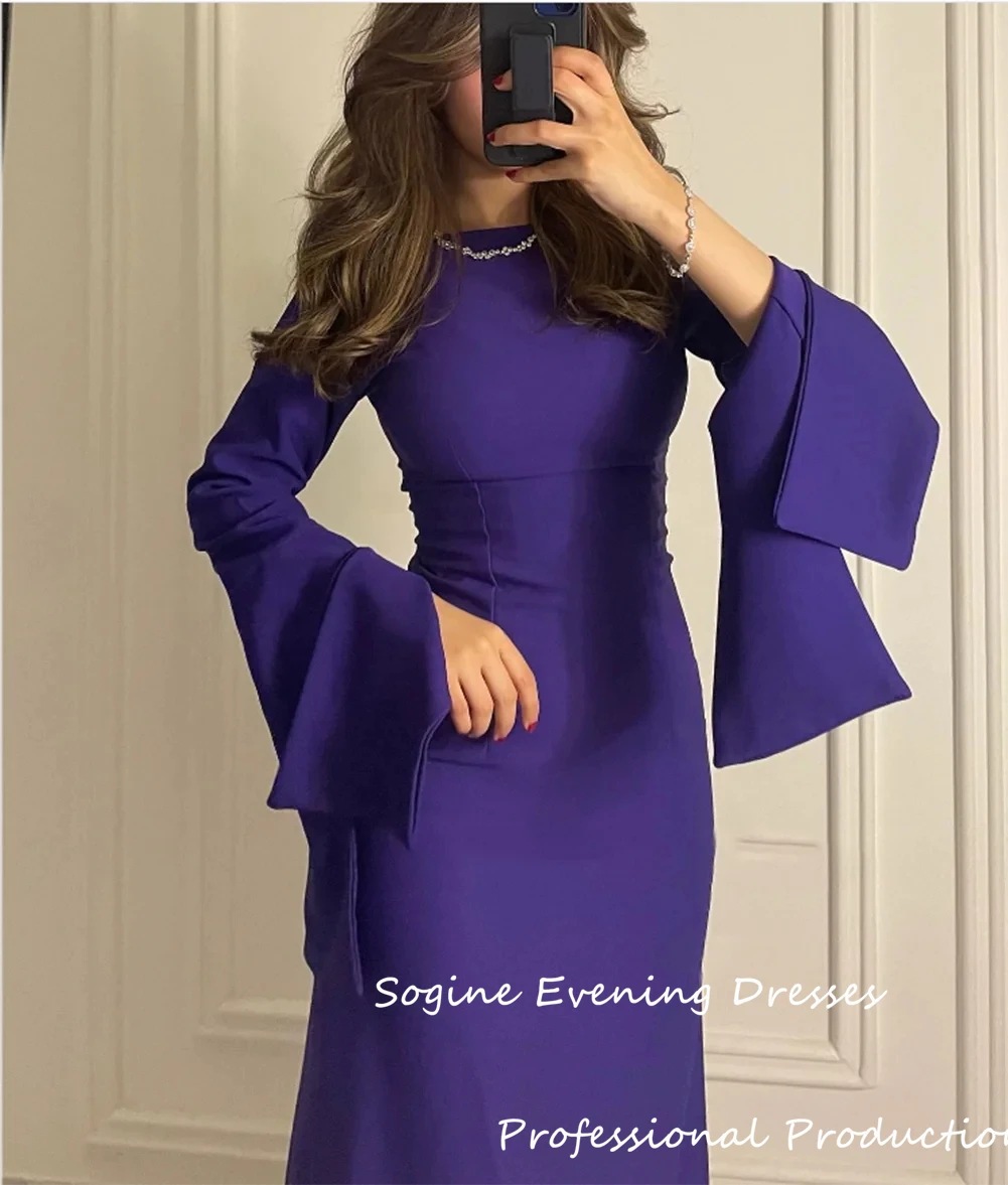 فستان سهرة كريب أرجواني مخصص أنيق للحفلات الراقصة بأكمام طويلة منتفخة للنساء برقبة دائرية فيستدوس دي فييستا 2025 جديد