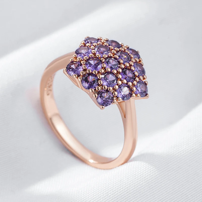 Kinel Hot Shiny Purple Natural Zircon Rings For Women Unique 585 Rose Gold Color Bride Wedding Fine Jewelry Crystal Gift