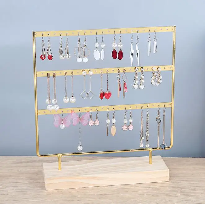 Présentoir à Boucles d'Oreilles en Métal et Acier avec Base en Bois, 3 Couches, Support de Clou, Rangement de Bijoux T1