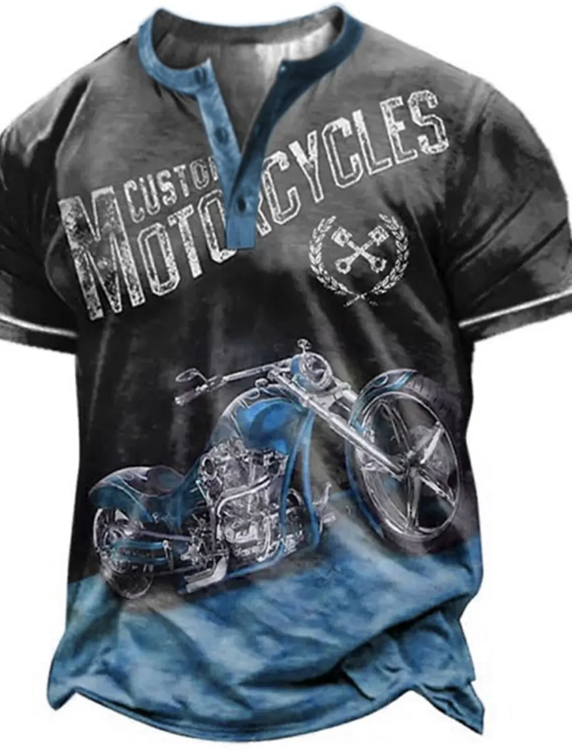 Men's Retro Biker Print T Shirt Summer V Neck Button Short Sleeve Top Waffle Men's Large Size Outdoor Street Short Sleeve
