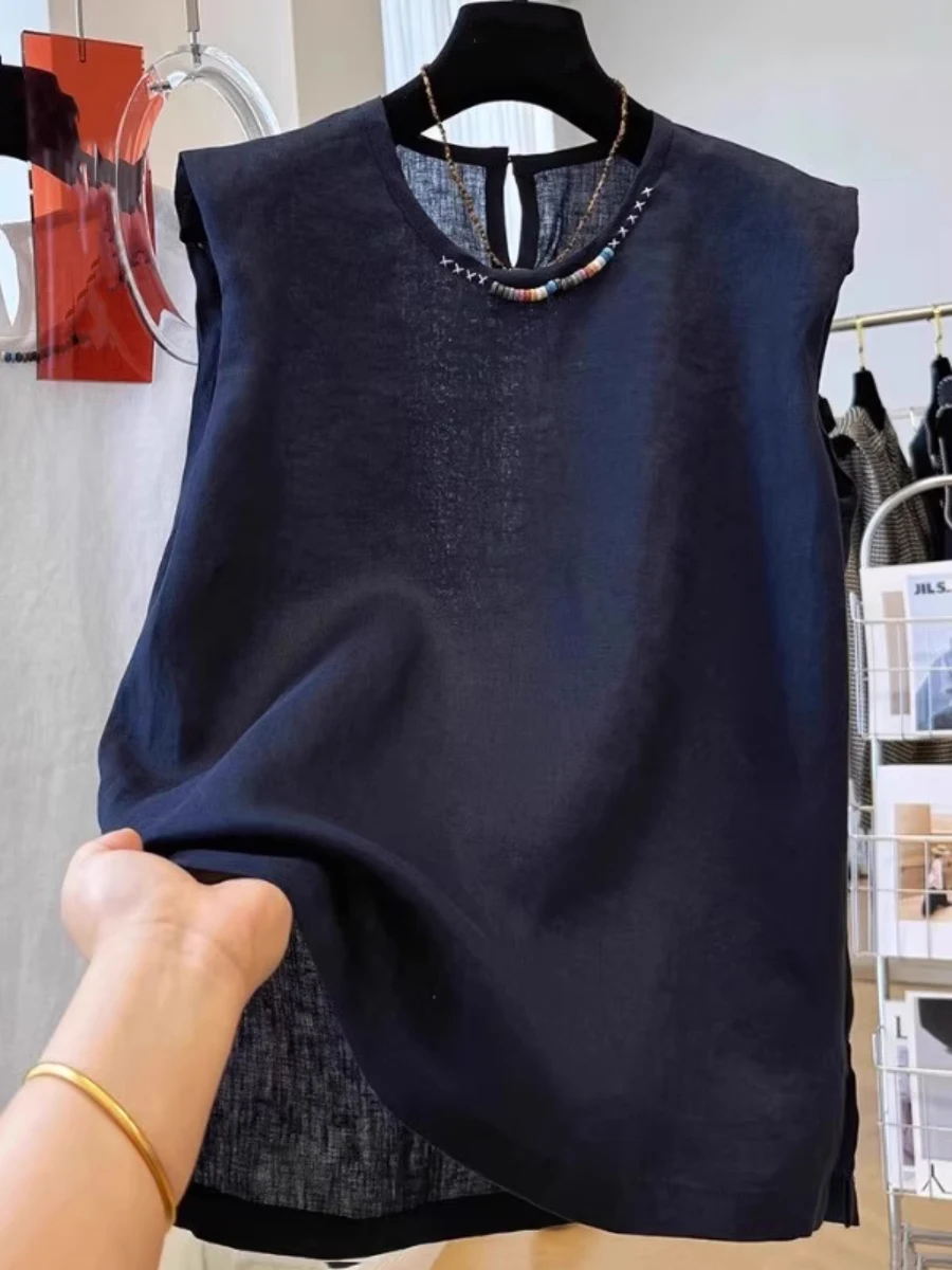 Ele Retro Linnen Vest Dames Zomer Los Casual Geborduurd Ronde Ne Katoen Linnen Svel Kleine Irt Top