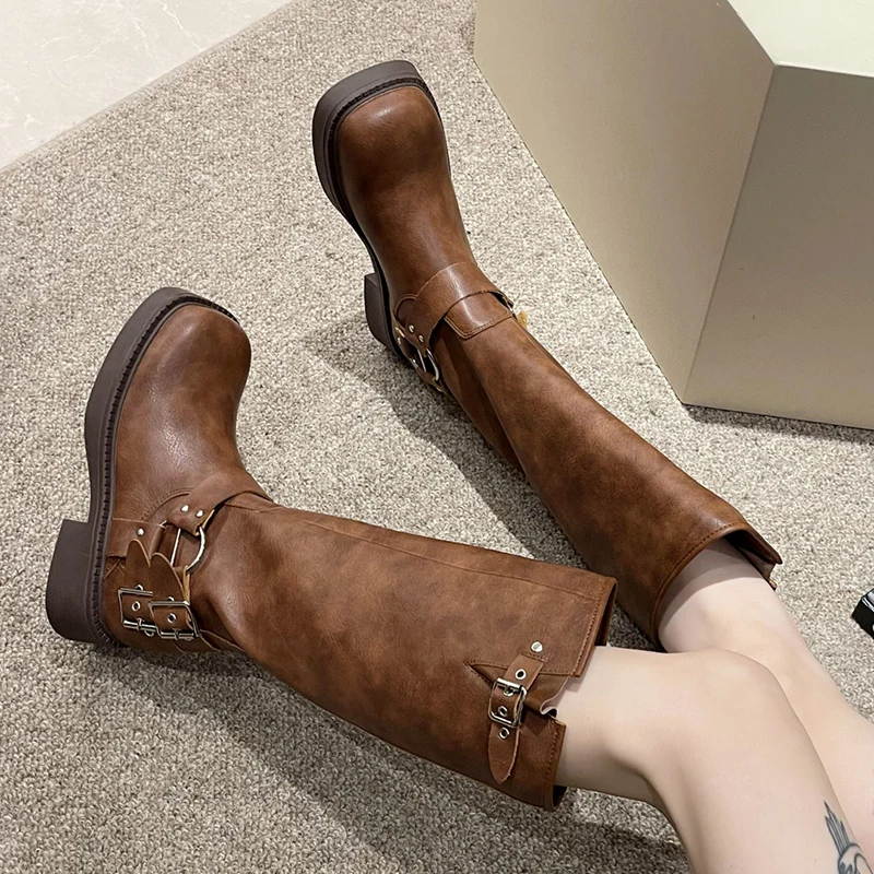 Vintage Buckle Cowgirl Western Boots Women Suqare Toe Platform Knee High Boots Woman PU Leather Middle Heels Long Botas De Mujer