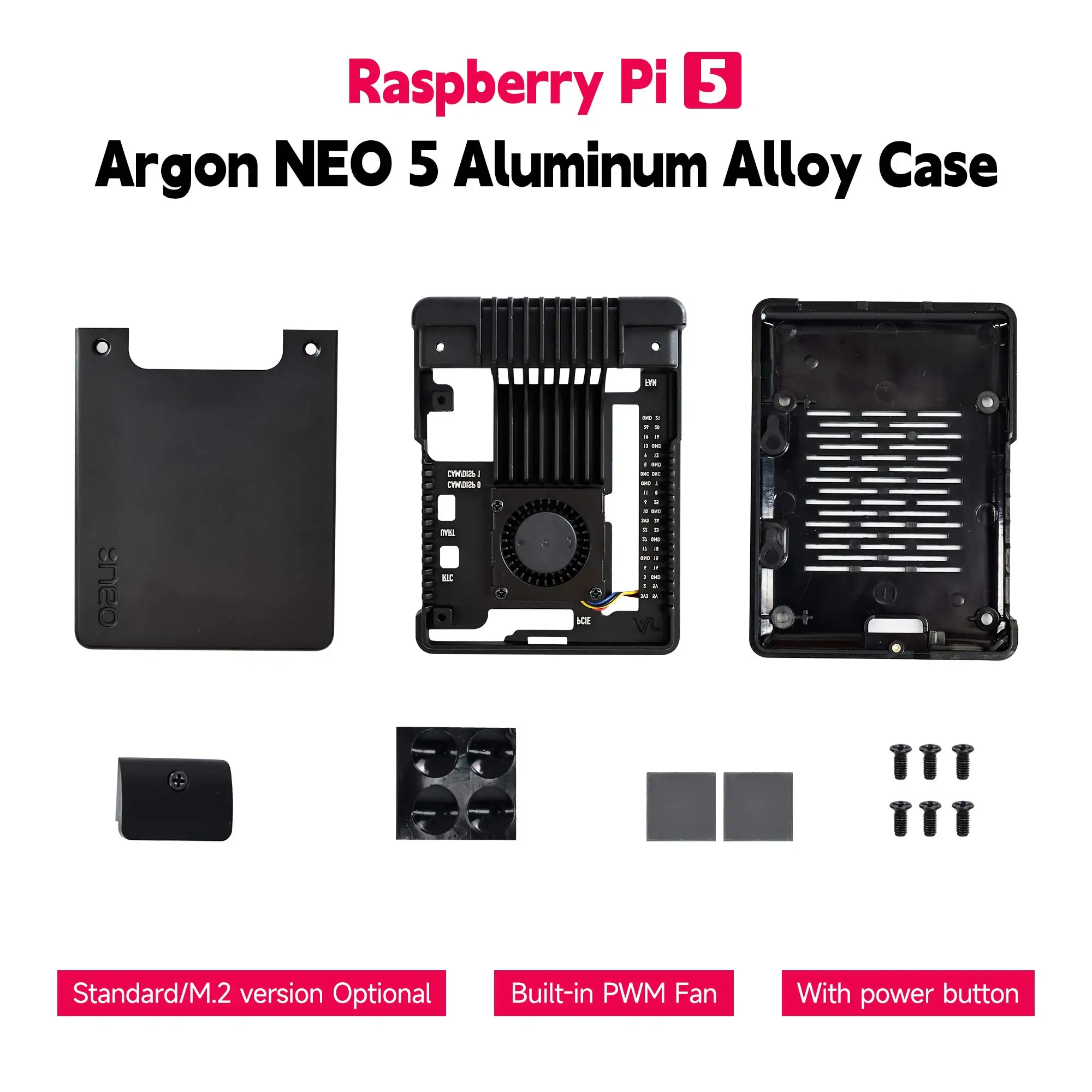 Raspberry Pi 5 Argon NEO 5 Aluminm Case Built-in Fan with Side Exhaust Vent Cooling Shell M.2 Support Installation Solid State