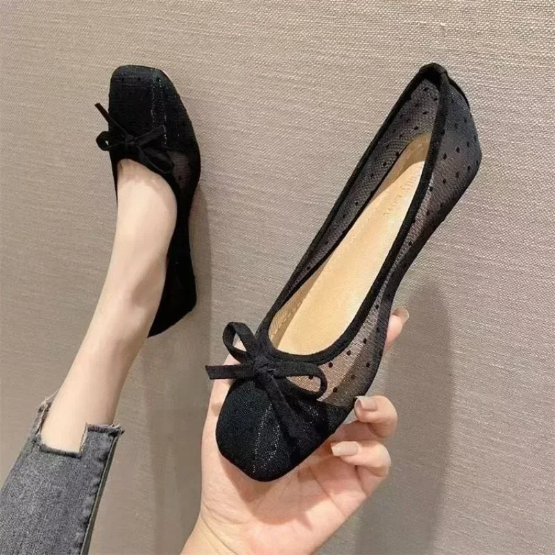 

Flat Shoes for Women 2026 Spring/Summer New Women's Shoes Large Bow Mesh Square Head Flat Heel Sandals Ladies